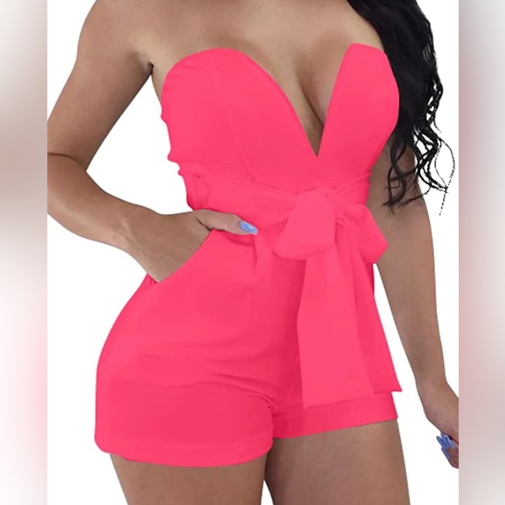 TOB Women's Deep V-Neck High Waist Belted Romper
